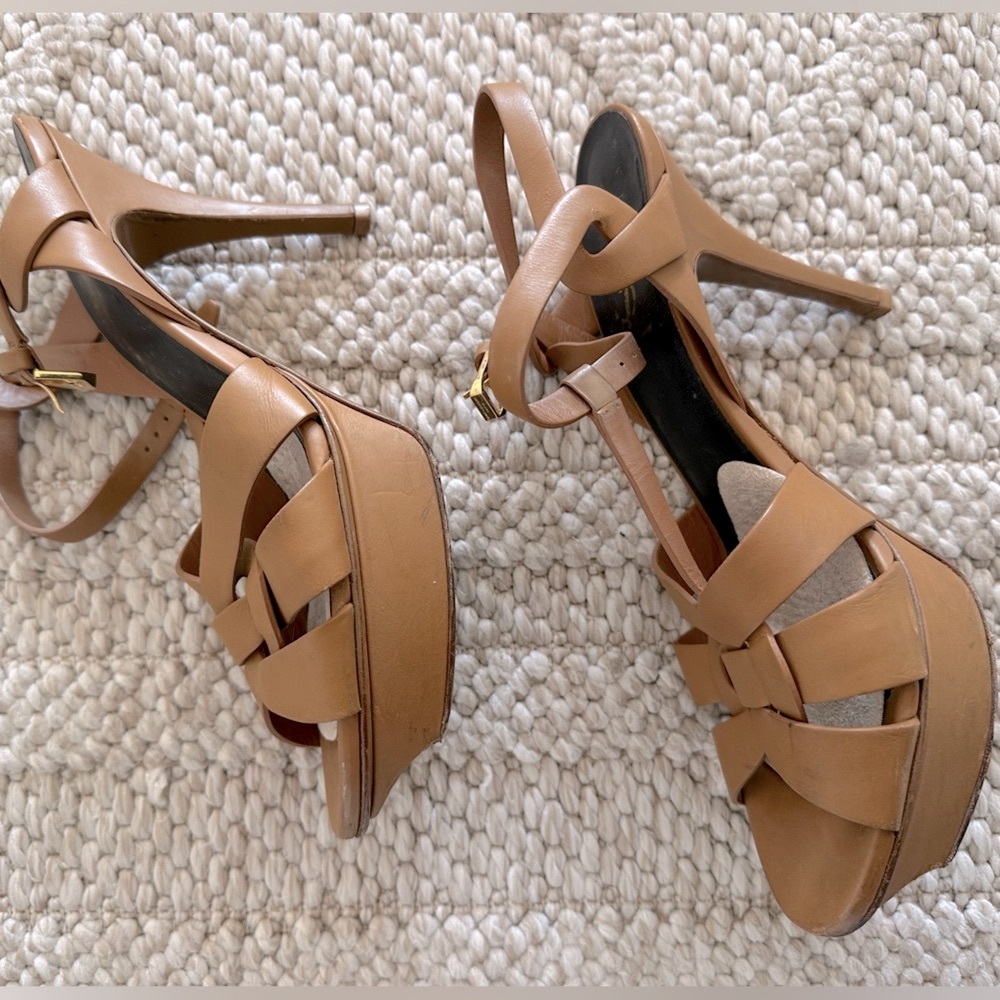 YSL Saint Laurent Tribute Tan Neutral Platform Sandal Size EU 39 US 9 - Picture 5 of 9